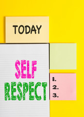 Word writing text Self Respect. Business photo showcasing Pride and confidence in oneself Stand up for yourself Colored empty papers with copy space on the yellow background table