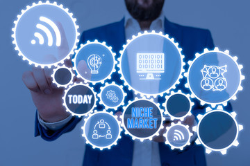 Handwriting text writing Niche Market. Conceptual photo Subset of the market on which specific product is focused Male human wear formal work suit presenting presentation using smart device