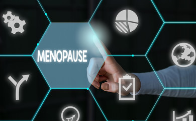 Word writing text Menopause. Business photo showcasing Period of peranalysisent cessation or end of menstruation cycle Male human wear formal work suit presenting presentation using smart device