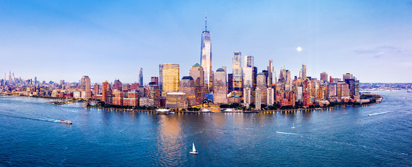 Drone panorama of Downtown New York skyline viewed from above Hudson River - obrazy, fototapety, plakaty