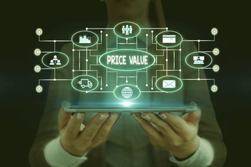 Text sign showing Price Value. Business photo showcasing strategy which sets cost primarily but not exclusively Woman wear formal work suit presenting presentation using smart device