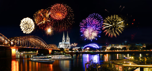 Cologne Cathedral and Hohenzollern Bridge with Fireworks , Cologne Lights, Kölner Lichter, Germany - Powered by Adobe