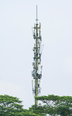 communication tower for 3G 4G network telephone cellsite with dusk sky
