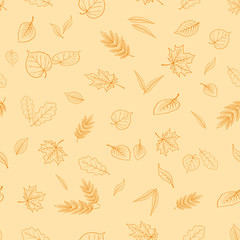 The pattern shows leaves, mushrooms and acorns. Lettering of the word fall. Can be used as background and wallpaper.The landscape depicts leaves, mushrooms and acorns. Lettering of the word fall. Bird