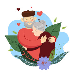 Grandfather hugs grandmother. Plants and flowers. Grandparents Day greeting card template.