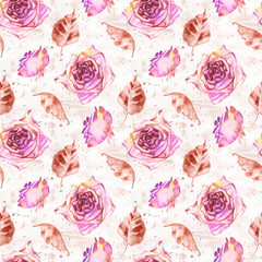 Naklejka premium Watercolor roses seamless pattern. Seamless texture with boho roses. Hand painted vintage gardening background.
