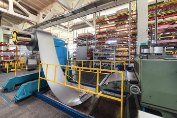 Roller forming machine. The interior of the plant producing a metal profile.