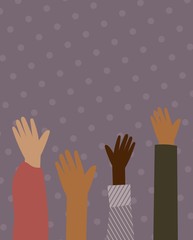 people raised their hands up, voting banner, background with a simple pattern