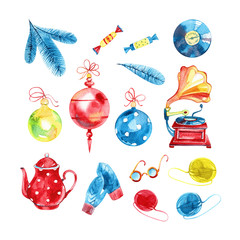 Set Christmas decorations on Christmas tree of watercolor stains blots. Hand draw illustration.