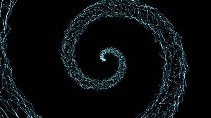 Hypnotic digital spiral network. Geometric structure with green neon lines and dots connected. Zoom out animation on black background. - Powered by Adobe