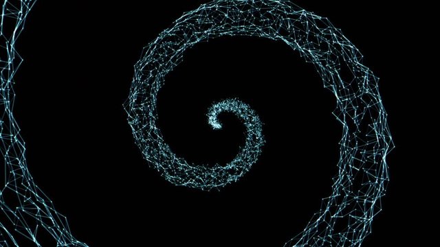 Hypnotic digital spiral network. Geometric structure with green neon lines and dots connected. Zoom out animation on black background. - Powered by Adobe