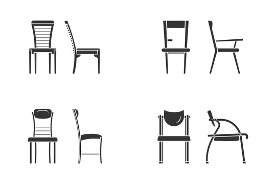 Black and white chair icon set for interior design. Front view and side view of different chair flat style, vector illustration