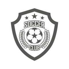 Black and white emblem of the football club shield, ball, laurel wreath and text with stars. Vector illustration on a sports theme