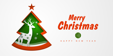 Paper-cut Christmas trees and deer, Christmas card, cover design.