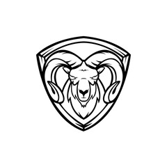 Goat or Ram mascot logo in black and white colors.goat sports logo. Goat with shield tattoo design