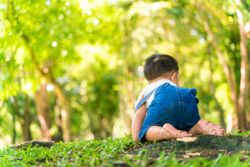 Funny baby boy crawling on green grass meadow in city park