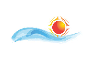 Logo blue watercolor waves and sun vector image design