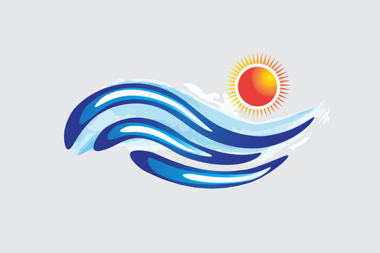 Logo blue waves and sun watercolor vector image