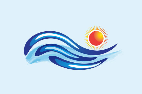 Logo blue waves and sun watercolor vector image