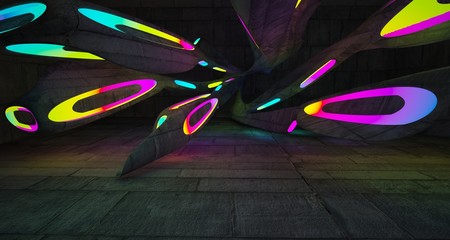 Abstract architectural concrete smooth interior of a minimalist house with color gradient neon lighting. 3D illustration and rendering.