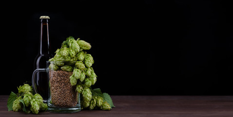 Bottle of a craft beer and mug with malt and fresh green of hops like a foam on dark wooden table. Black background