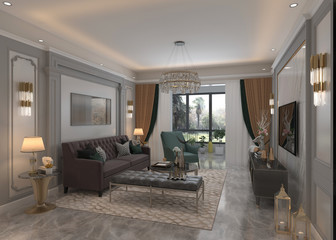 Living room interior in european style 3D illustration