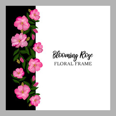 Floral frame with blooming pink rose flower bouquet