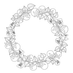 Hand drawn sketch illustration of flower wreath for adult coloring book.