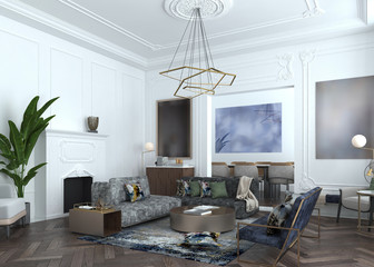 Living room interior in european style 3D illustration