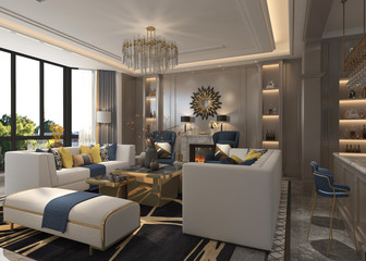 Living room interior in european style 3D illustration