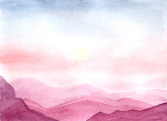 Scenery of sand dunes. Hand-drawn watercolor abstract desert. Landscape illustration, sunset, fields, hills