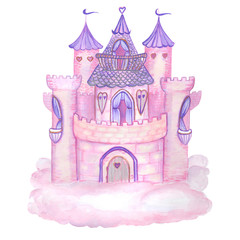 Fototapety  Pink princess magic castle. Hand drawn watercolor pink and violet fairytale castle on the cloud. Isolated on white. Kids illustration.
