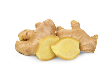 fresh ginger with slices isolated on white background