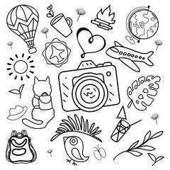  Hand-drawn doodle set. Bullet journal travel stickers for diary. Objects helping in planning diary. Sticky label describes the action for every day. Labeled elements help you make plans. Quick