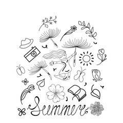  Hand-drawn doodle set. Bullet journal summer stickers for diary. Objects helping in planning diary. Sticky label describes the action for every day. Labeled elements help you make plans. Quick sketch