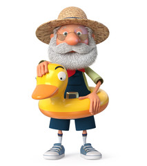 3D illustration elderly farmer costs outdoors with a smile/3D illustration of grandpa peasant posing in overalls on the beach