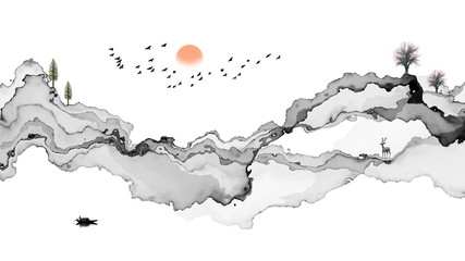 Abstract ink contracted adornment line landscape artistic conception © guoquan