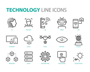 set of technology icons, 5g, ai, gesture, robot, iot