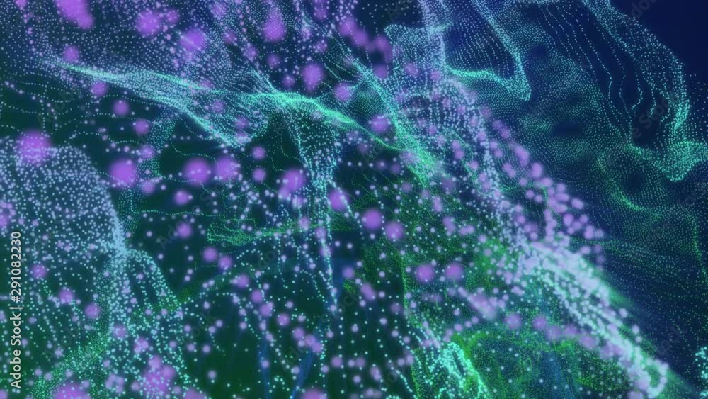 Poster Sci fi Digital Wave Dot Particle Motion Background. Beautiful Landscape Floating Defocus Animation Graphic Design.