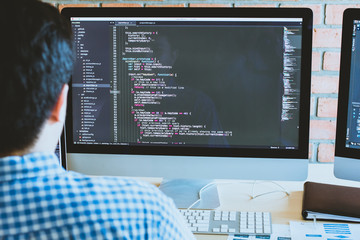 Developer programming and coding technology. Website design Safety of the social world Cyberspace concept.