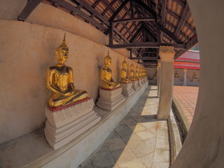 view of many ancient black seated buddhas statue on walk way, Wat Khanon Nang Yai, Amphur Photharam, Ratchaburi Province, Thailand.
