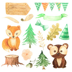 watercolor cut  fox, bear and forest plants
