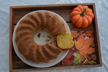 Healthy home made pumpkin sponge cake on a table