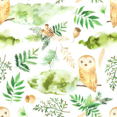 Seamless pattern with watercolor pine branches