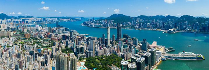 Drone fly over Hong Kong city