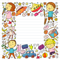 Drawing on exercise notebook in colorful style. Painted by hand style seamless pattern on the theme of childhood. Vector illustration for children design.