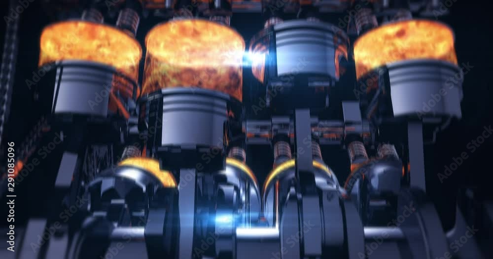 Aufkleber Close Up Working V8 Engine Animation With Visual Effects. Pistons And Other Mechanical Parts Are In Motion With Explosions.