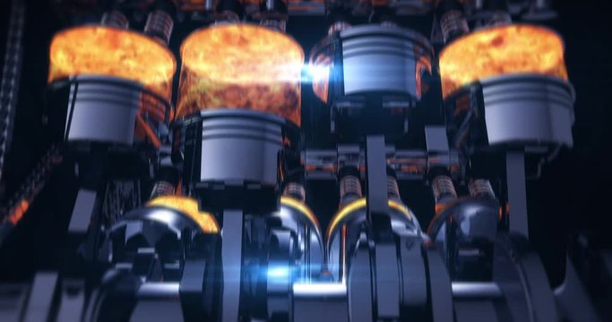 Close Up Working V8 Engine Animation With Visual Effects. Pistons And Other Mechanical Parts Are In Motion With Explosions.