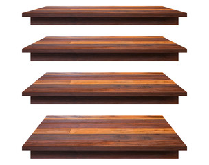 Wood shelves table top collection isolated on white background. Clipping path include in this image.