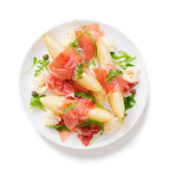 Melon and prosciutto ham salad with Mozzarella and arugula leaves.isolated on white background